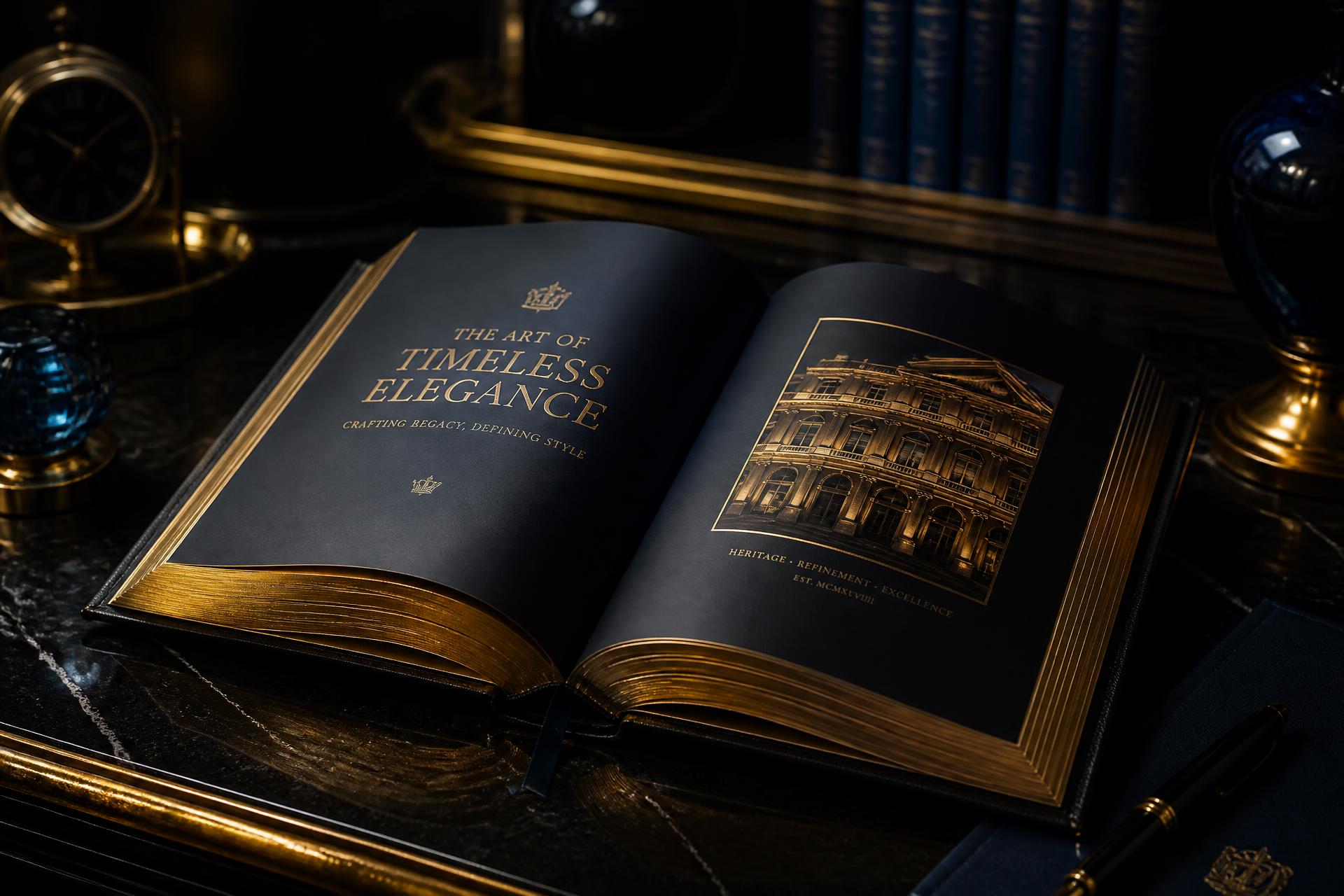An open leather-bound book with gilded pages
